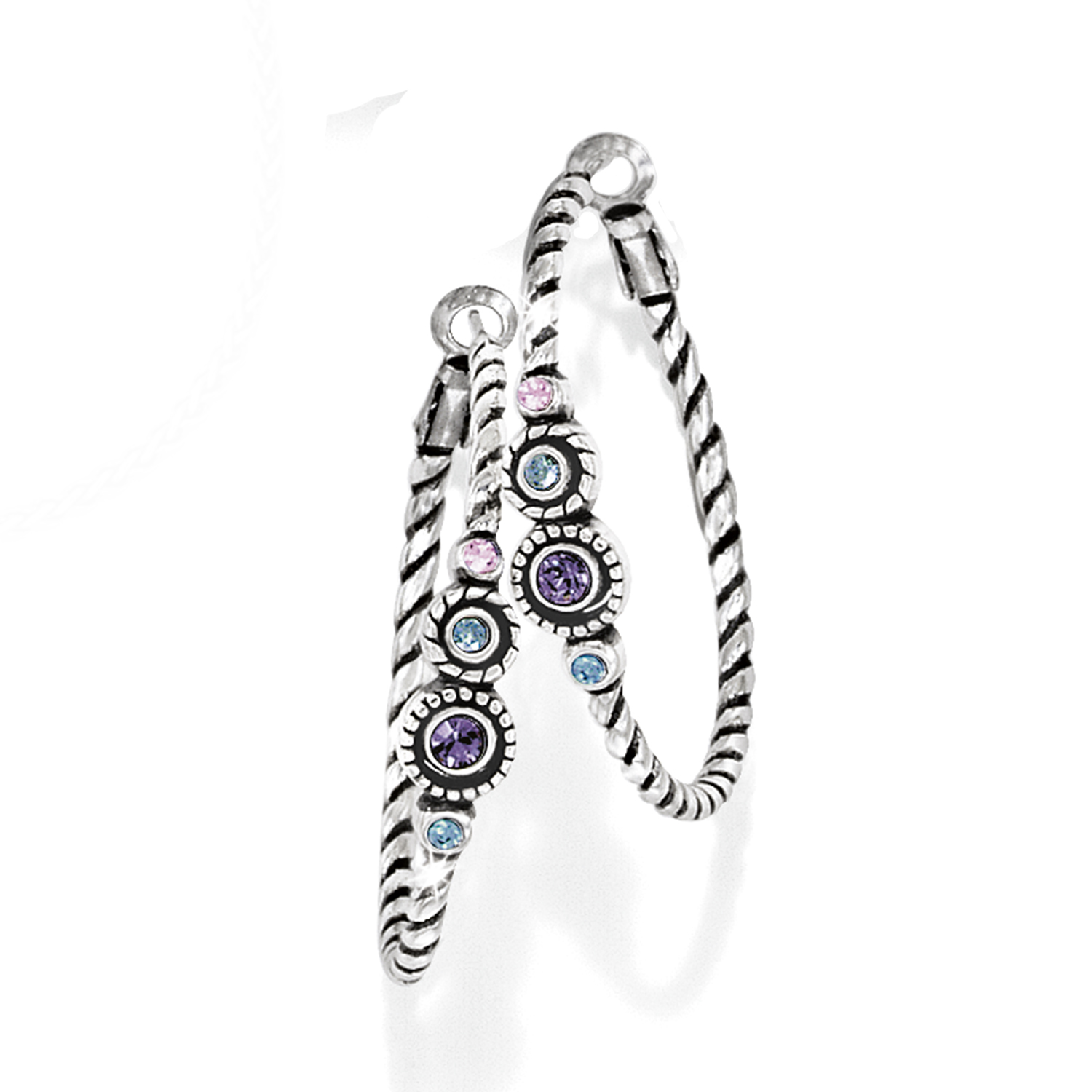 Silver halo hoop earrings photographed on a plain background for a brand product listing